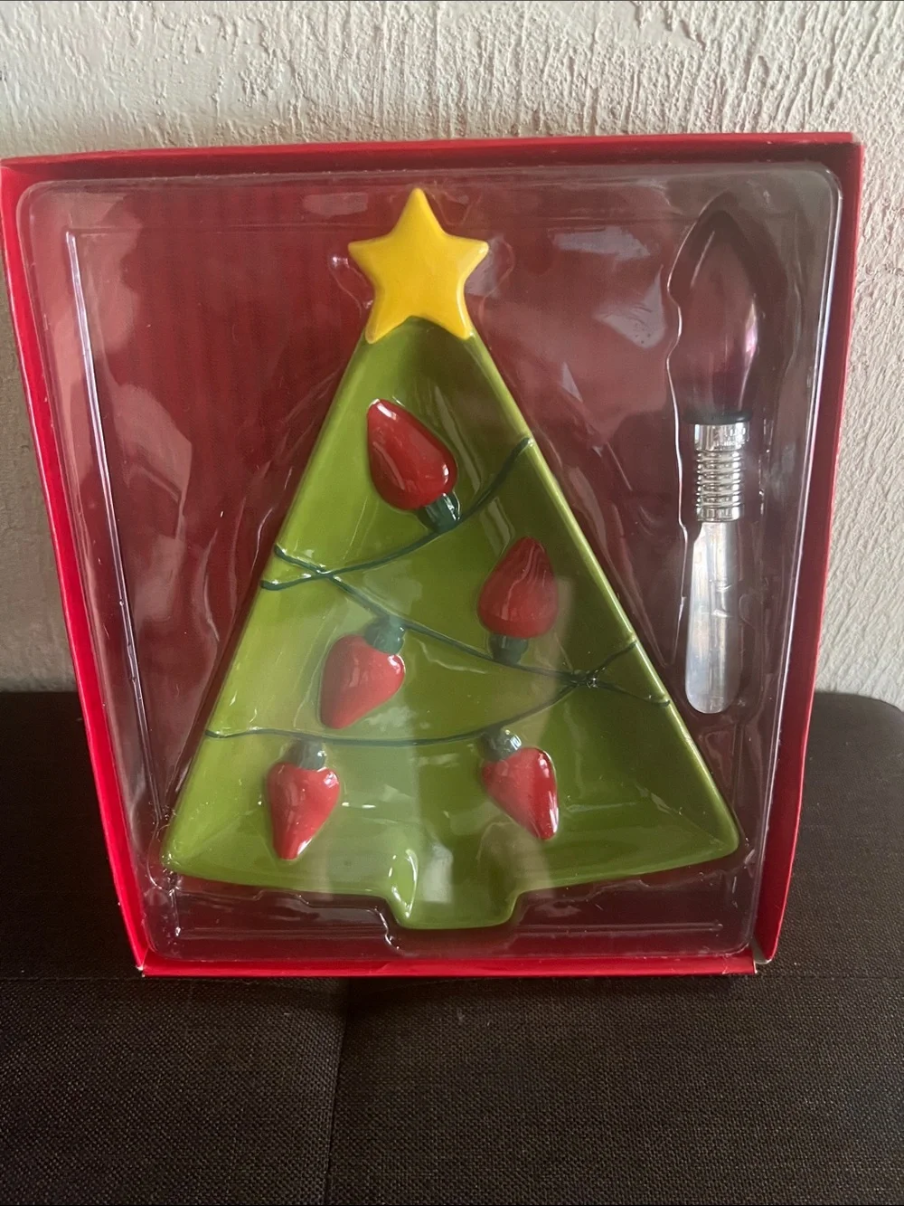 #2566**Ceramic Christmas Tree Dip Plate with Star and Red Ornaments